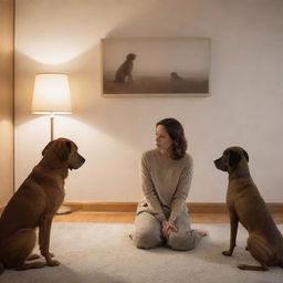 In a comfortable, ambient-lit room, a concerned woman faces a melancholic brown dog, speaking to it with a soft tone, a picture of intimate and empathetic interaction.