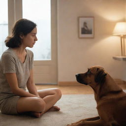 In a comfortable, ambient-lit room, a concerned woman faces a melancholic brown dog, speaking to it with a soft tone, a picture of intimate and empathetic interaction.