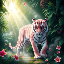 A mystical scene featuring a misty pink tiger prowling gracefully through a lush rainforest