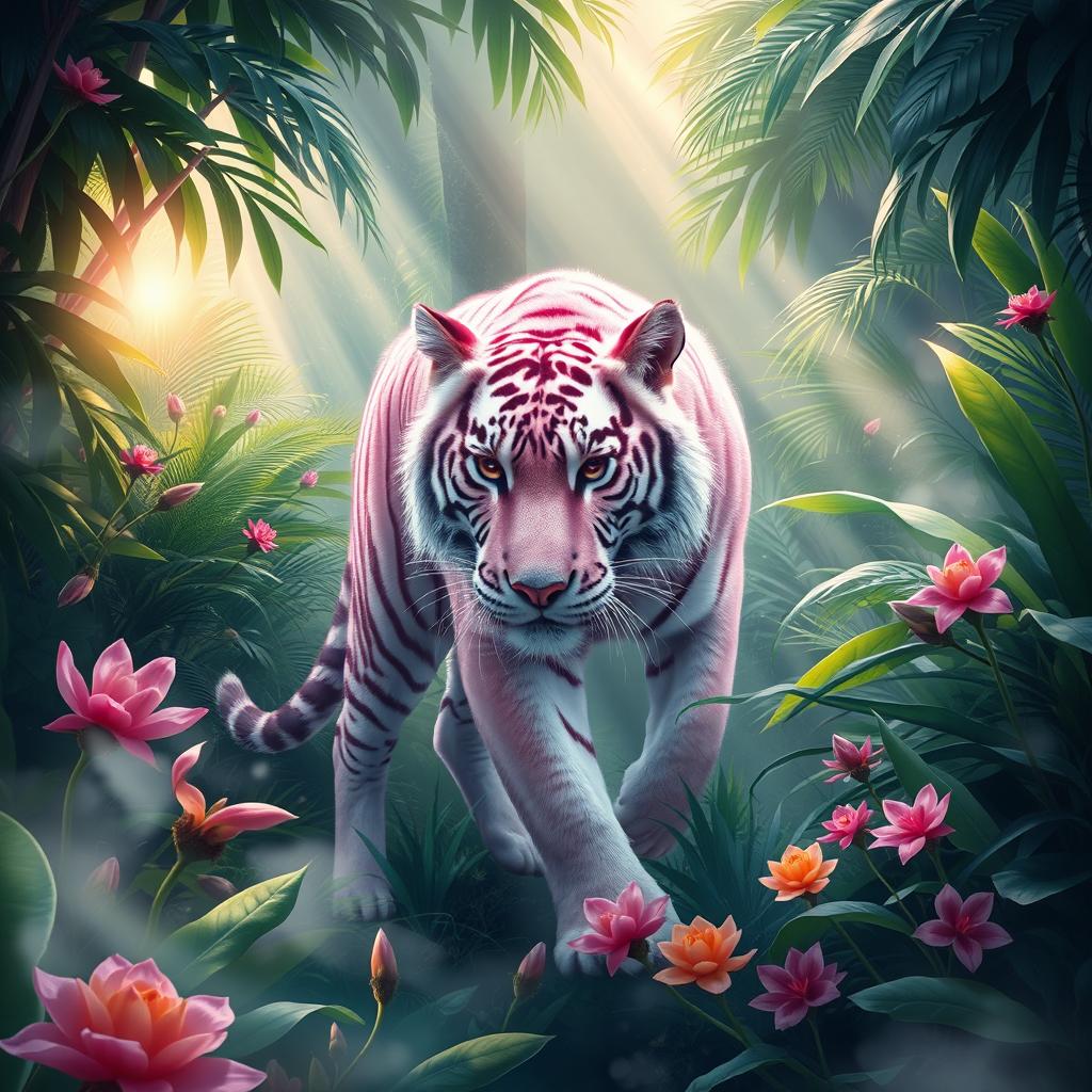 A mystical scene featuring a misty pink tiger prowling gracefully through a lush rainforest