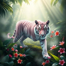 A mystical scene featuring a misty pink tiger prowling gracefully through a lush rainforest