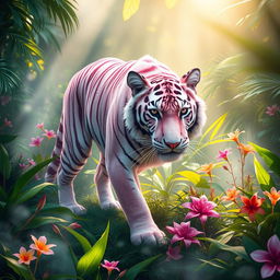 A mystical scene featuring a misty pink tiger prowling gracefully through a lush rainforest