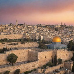 A scenic view of Jerusalem, featuring the historic temple prominently in place of the mosque. The cityscape is bathed in soft sunset hues, casting warm light on antiquated stone structures.