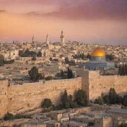 A scenic view of Jerusalem, featuring the historic temple prominently in place of the mosque. The cityscape is bathed in soft sunset hues, casting warm light on antiquated stone structures.