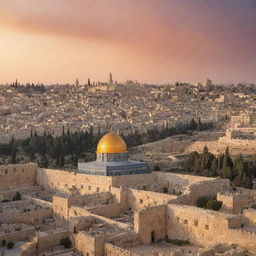 A scenic view of Jerusalem, featuring the historic temple prominently in place of the mosque. The cityscape is bathed in soft sunset hues, casting warm light on antiquated stone structures.