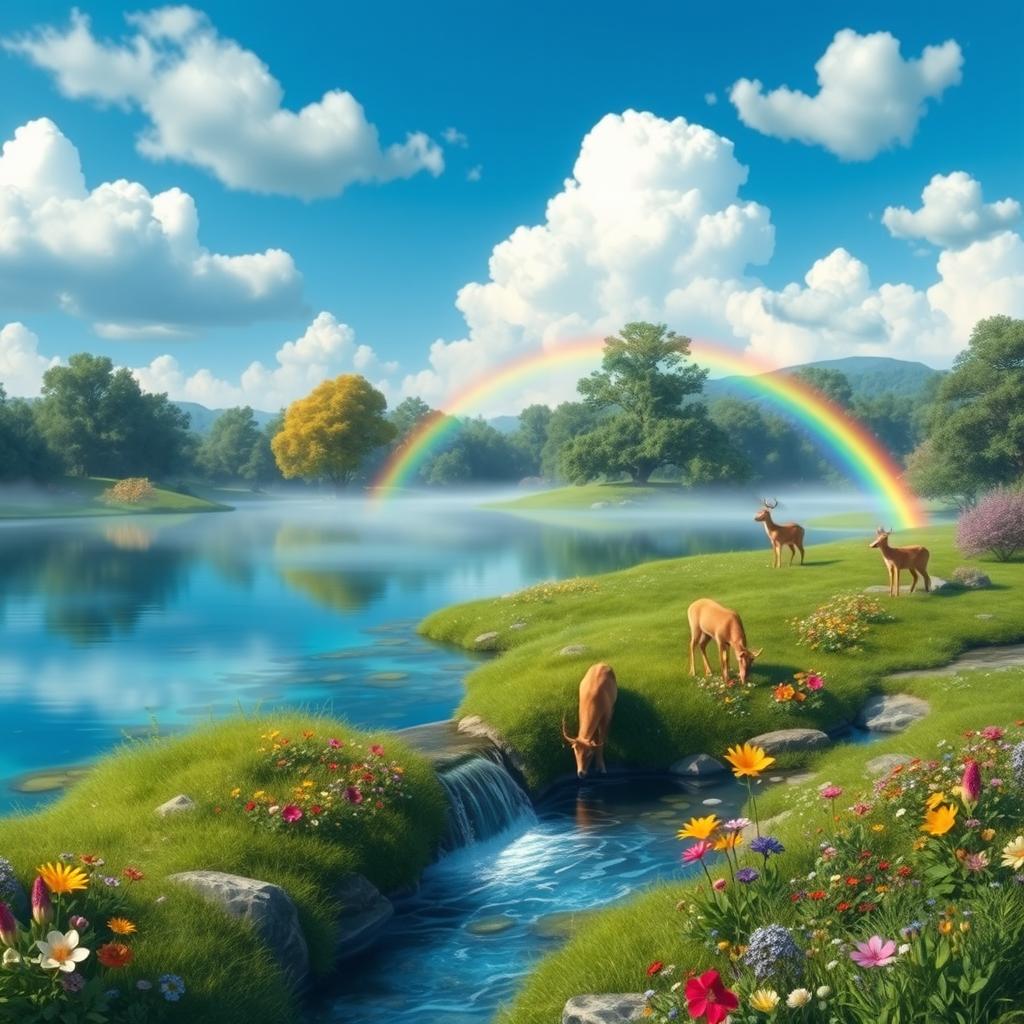 A tranquil fantasy landscape featuring a serene lake surrounded by lush greenery and colorful flowers