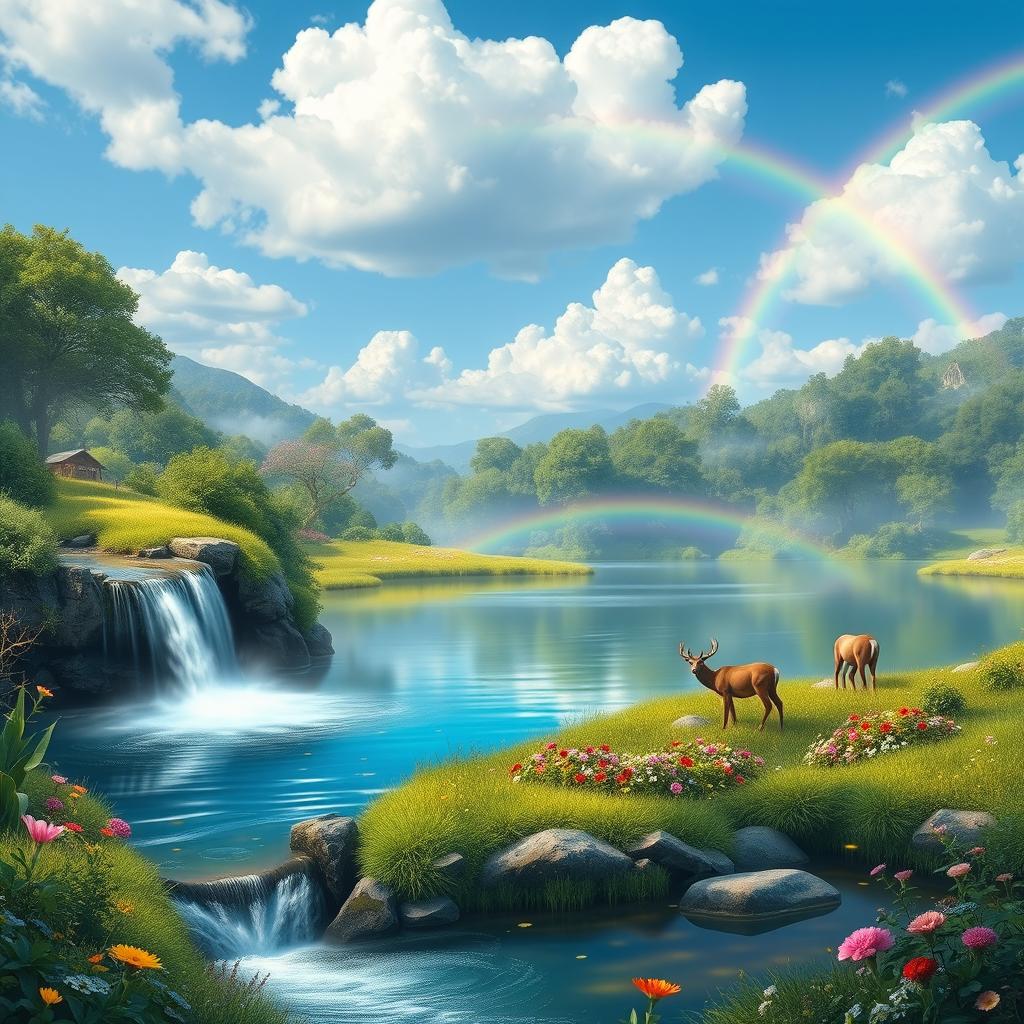 A tranquil fantasy landscape featuring a serene lake surrounded by lush greenery and colorful flowers