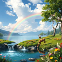 A tranquil fantasy landscape featuring a serene lake surrounded by lush greenery and colorful flowers