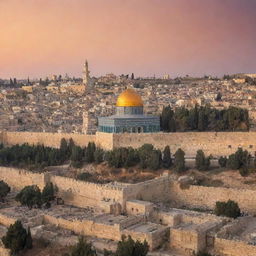 A scenic view of Jerusalem, featuring the historic temple prominently in place of the mosque. The cityscape is bathed in soft sunset hues, casting warm light on antiquated stone structures.