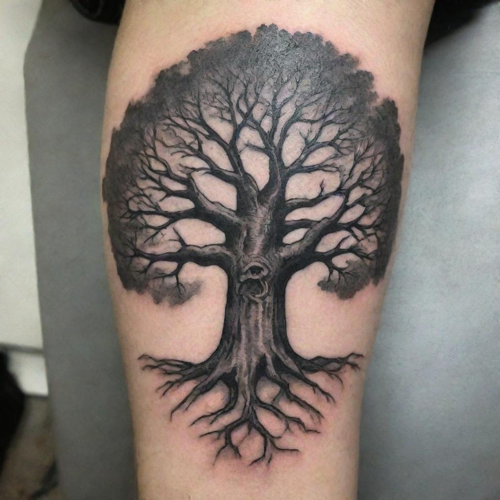 A tattoo showing unyielding strength and an unbeatable spirit. Envision a powerful oak tree with deep roots, standing firm despite a roaring storm all around it, implying robustness and the concept of being unconquerable.