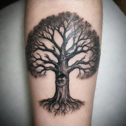 A tattoo showing unyielding strength and an unbeatable spirit. Envision a powerful oak tree with deep roots, standing firm despite a roaring storm all around it, implying robustness and the concept of being unconquerable.