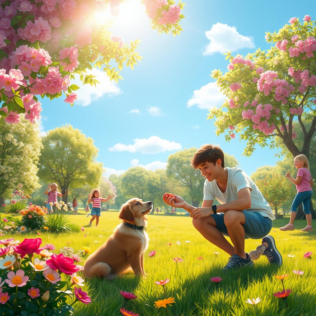 A whimsical and peaceful scene in a vibrant, colorful park featuring a playful adult (man) kneeling down to offer a sweet treat to a cheerful dog, surrounded by lush greenery and blooming flowers