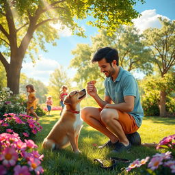 A whimsical and peaceful scene in a vibrant, colorful park featuring a playful adult (man) kneeling down to offer a sweet treat to a cheerful dog, surrounded by lush greenery and blooming flowers