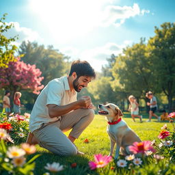 A whimsical and peaceful scene in a vibrant, colorful park featuring a playful adult (man) kneeling down to offer a sweet treat to a cheerful dog, surrounded by lush greenery and blooming flowers