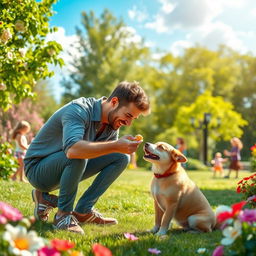 A whimsical and peaceful scene in a vibrant, colorful park featuring a playful adult (man) kneeling down to offer a sweet treat to a cheerful dog, surrounded by lush greenery and blooming flowers