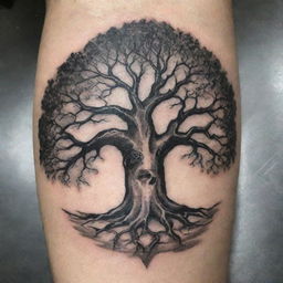 A tattoo showing unyielding strength and an unbeatable spirit. Envision a powerful oak tree with deep roots, standing firm despite a roaring storm all around it, implying robustness and the concept of being unconquerable.