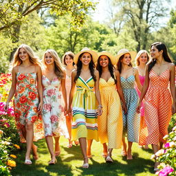 A group of beautiful women wearing various colorful sundresses, gracefully walking through a sunlit flower garden filled with blooming flowers