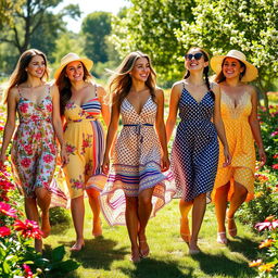 A group of beautiful women wearing various colorful sundresses, gracefully walking through a sunlit flower garden filled with blooming flowers