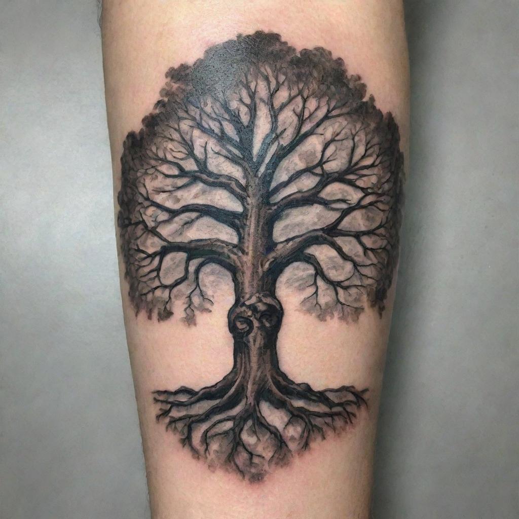 A tattoo showing unyielding strength and an unbeatable spirit. Envision a powerful oak tree with deep roots, standing firm despite a roaring storm all around it, implying robustness and the concept of being unconquerable.