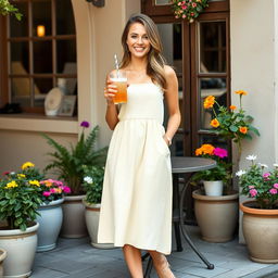 A young woman wearing a casual sundress standing in a charming outdoor café setting