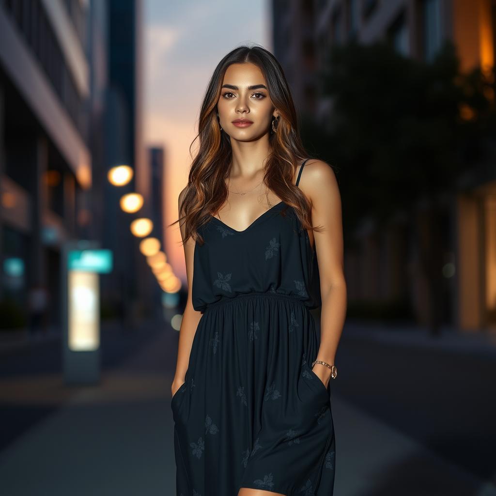 A young woman wearing a dark casual sundress, standing in an atmospheric urban setting at sunset