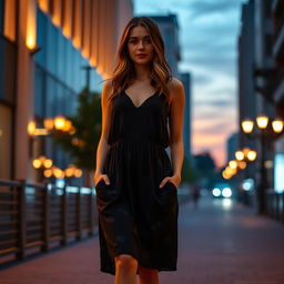 A young woman wearing a dark casual sundress, standing in an atmospheric urban setting at sunset