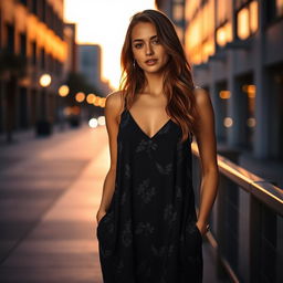 A young woman wearing a dark casual sundress, standing in an atmospheric urban setting at sunset