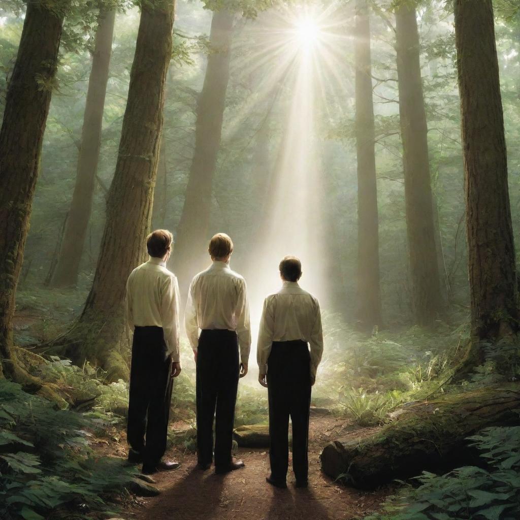 Depict Joseph Smith's first vision. He is in a tranquil forest, light streams down from above where two figures appear, one pointing towards the other, radiating with divine energy