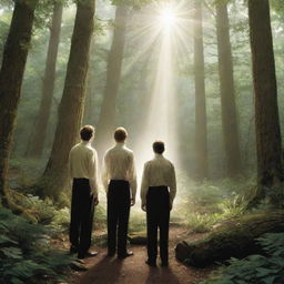 Depict Joseph Smith's first vision. He is in a tranquil forest, light streams down from above where two figures appear, one pointing towards the other, radiating with divine energy