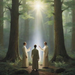 Depict Joseph Smith's first vision. He is in a tranquil forest, light streams down from above where two figures appear, one pointing towards the other, radiating with divine energy