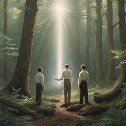 Depict Joseph Smith's first vision. He is in a tranquil forest, light streams down from above where two figures appear, one pointing towards the other, radiating with divine energy