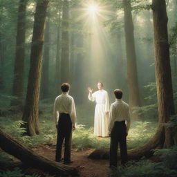 Depict Joseph Smith's first vision. He is in a tranquil forest, light streams down from above where two figures appear, one pointing towards the other, radiating with divine energy