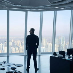 A successful businessman in a modern office, looking confident and content, surrounded by high-tech gadgets, with city skyline views through large windows.