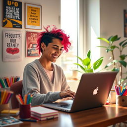 A vibrant and engaging image of a Facebook creator at work, showcasing a diverse individual with a laptop in a stylish and modern home office