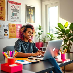 A vibrant and engaging image of a Facebook creator at work, showcasing a diverse individual with a laptop in a stylish and modern home office