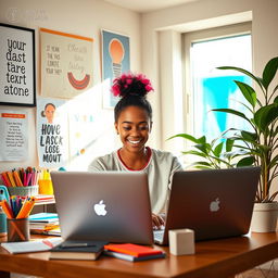 A vibrant and engaging image of a Facebook creator at work, showcasing a diverse individual with a laptop in a stylish and modern home office