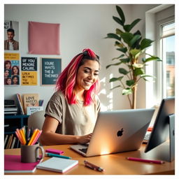 A vibrant and engaging image of a Facebook creator at work, showcasing a diverse individual with a laptop in a stylish and modern home office