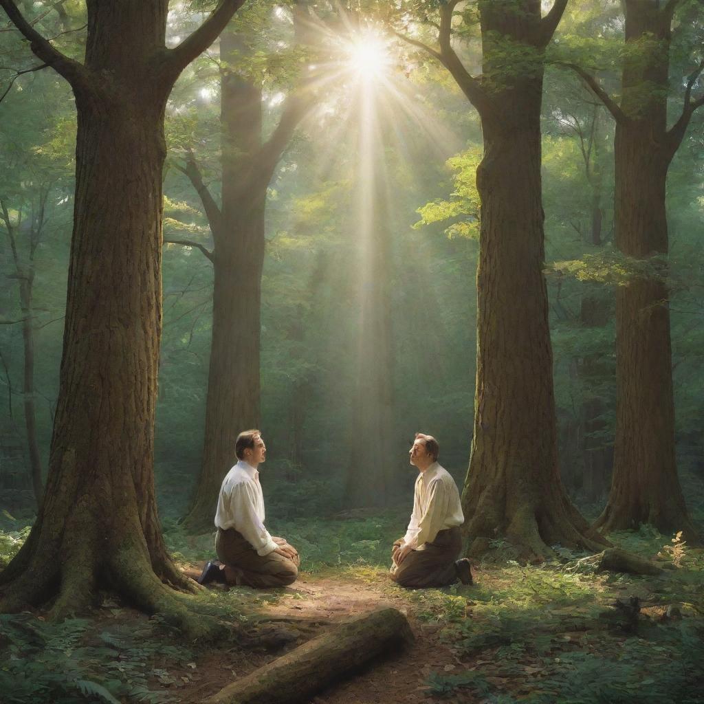 Depict Joseph Smith's vision of God and Jesus Christ in a serene grove of trees. He kneels, looking up at the two radiant figures appearing in the sky, amidst a glorious light piercing through the forest canopy.