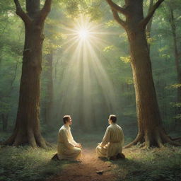 Depict Joseph Smith's vision of God and Jesus Christ in a serene grove of trees. He kneels, looking up at the two radiant figures appearing in the sky, amidst a glorious light piercing through the forest canopy.