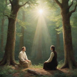 Depict Joseph Smith's vision of God and Jesus Christ in a serene grove of trees. He kneels, looking up at the two radiant figures appearing in the sky, amidst a glorious light piercing through the forest canopy.