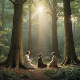 Depict Joseph Smith's vision of God and Jesus Christ in a serene grove of trees. He kneels, looking up at the two radiant figures appearing in the sky, amidst a glorious light piercing through the forest canopy.