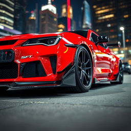 A striking red sports car featuring sleek black body kits giving it an aggressive and sporty look