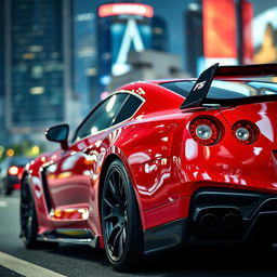 A striking red sports car featuring sleek black body kits giving it an aggressive and sporty look