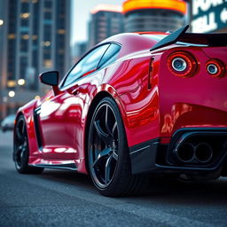 A striking red sports car featuring sleek black body kits giving it an aggressive and sporty look