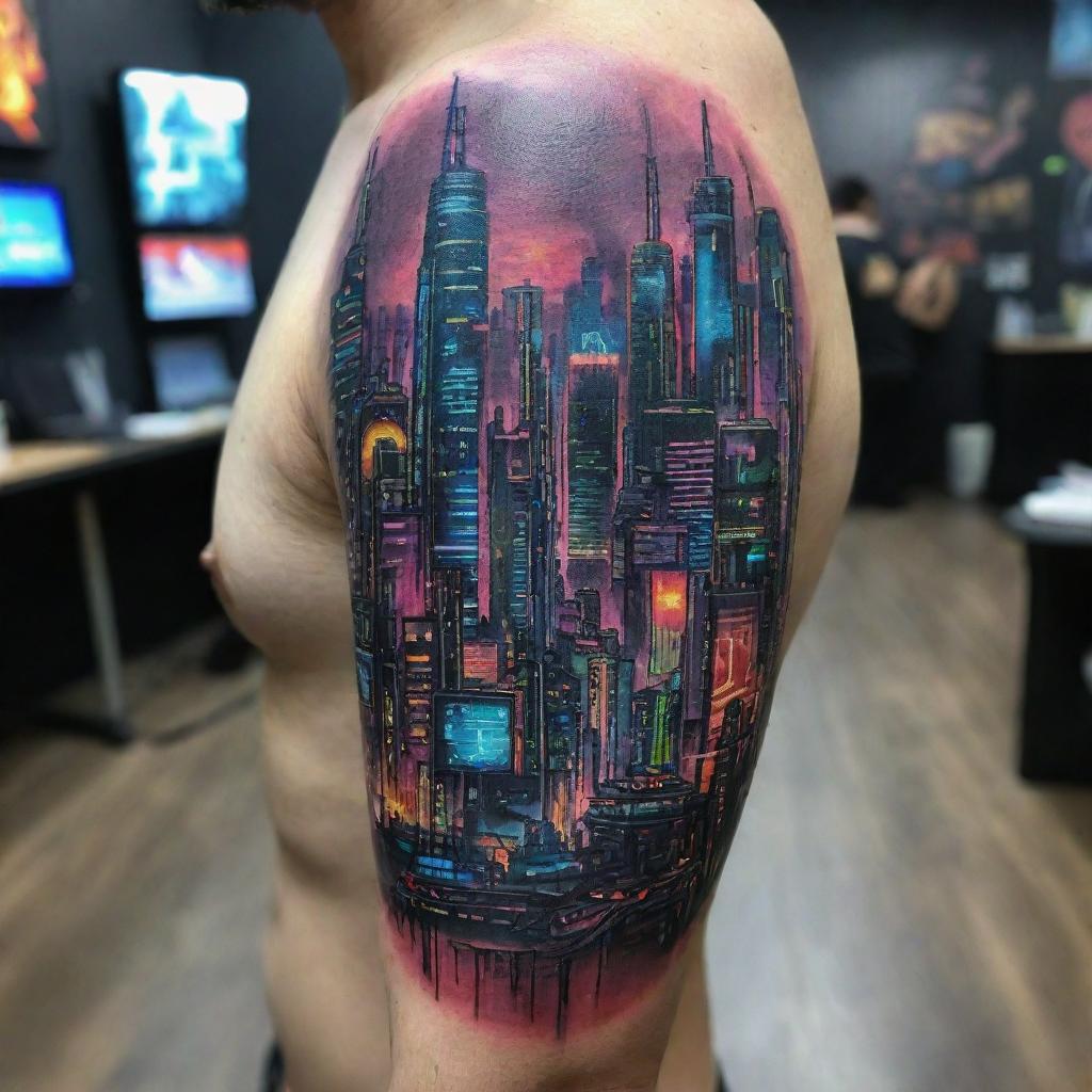 A vibrant and detailed cyberpunk tattoo. It features futuristic cityscapes with neon lights, high-tech circuitry merging with human elements, and iconic cybernetic enhancements against a backdrop of a dystopian skyline.