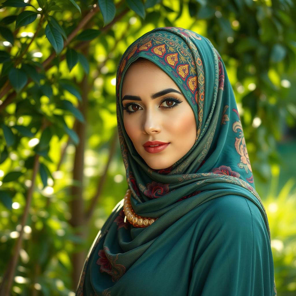 A beautifully adorned woman wearing a vibrant hijab, adorned with intricate patterns and colors, set against a lush garden background