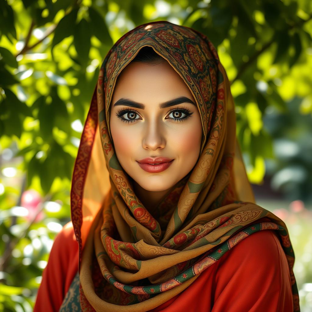 A beautifully adorned woman wearing a vibrant hijab, adorned with intricate patterns and colors, set against a lush garden background