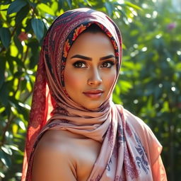 A beautifully adorned woman wearing a vibrant hijab, adorned with intricate patterns and colors, set against a lush garden background