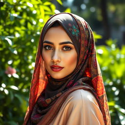 A beautifully adorned woman wearing a vibrant hijab, adorned with intricate patterns and colors, set against a lush garden background