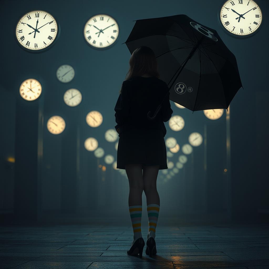 A melancholic dark scene illuminated by soft night lights, featuring several floating clocks in the background